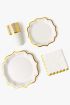 10 Pack - White Scalloped Edge Paper Plates, Cups & Napkins Set with Gold Foil