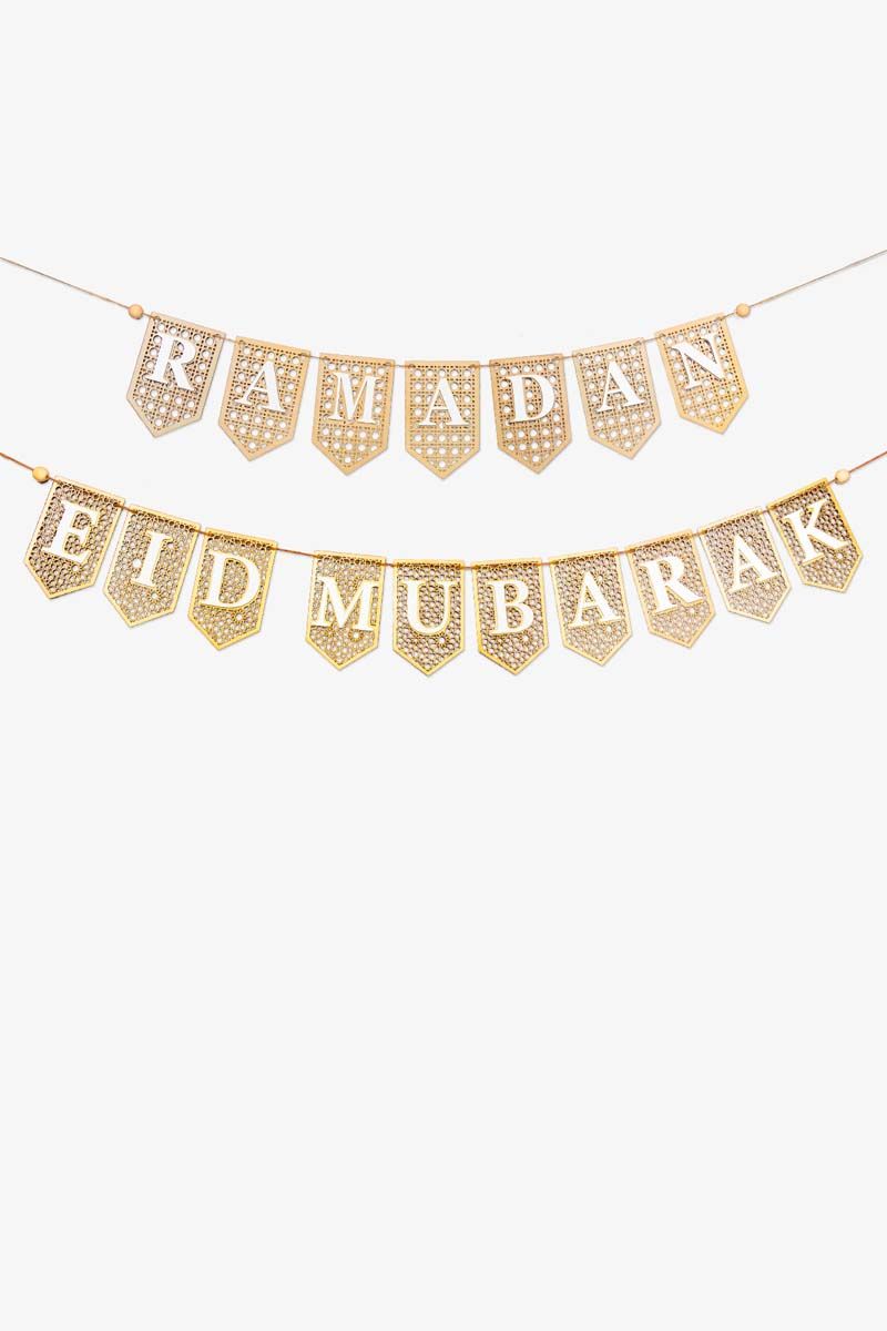 2-in-1 Ramadan & Eid Mubarak Wooden Banner Set - Rattan Boho Bunting 