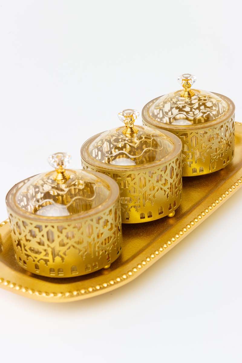 3-Piece Gold Metal Tray Set with Lids