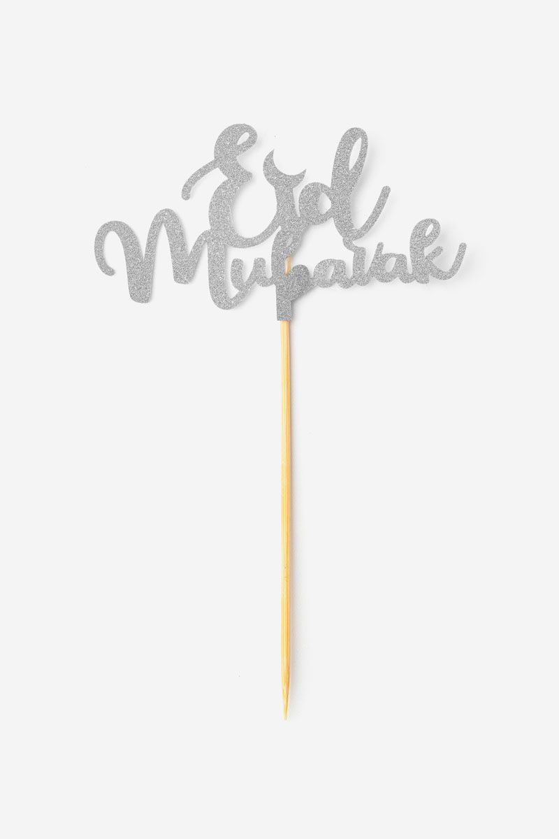 Eid Mubarak - Silver Glitter Paper Cupcake Toppers (Pack of 5)