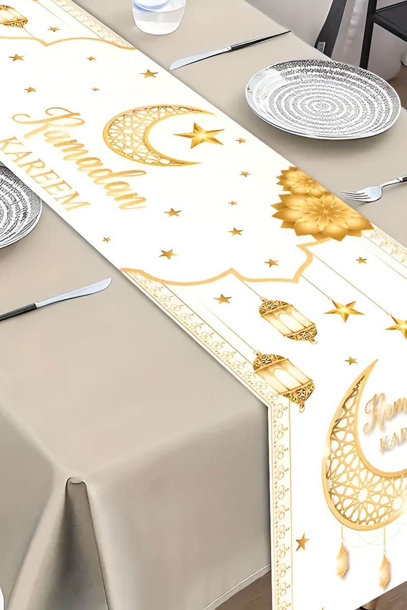 Ramadan Mubarak Table Runner – White & Gold Tablecloth (35x180 cm)