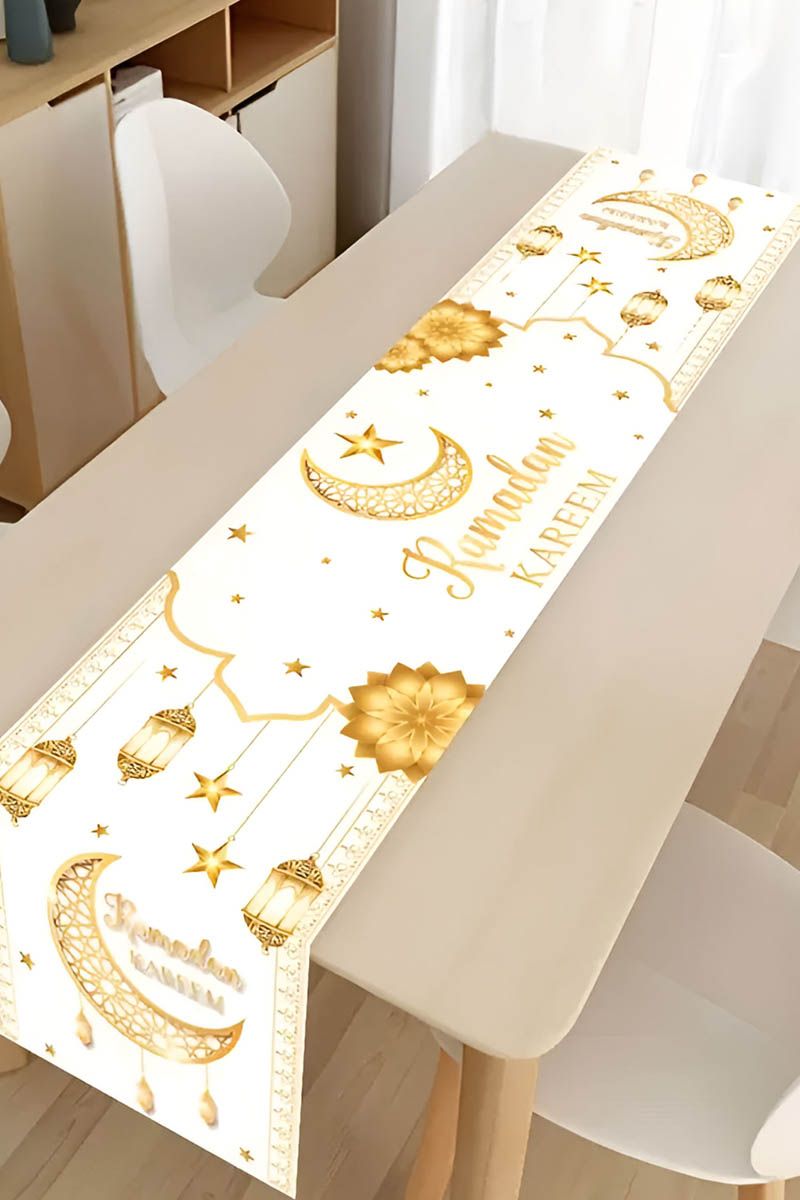 Ramadan Mubarak Table Runner – White & Gold Tablecloth (35x180 cm)
