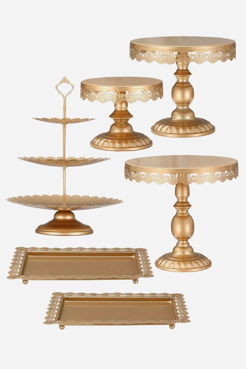 6 Piece Gold Lace Edge Tray Set – Elegant Cake & Dessert Stands