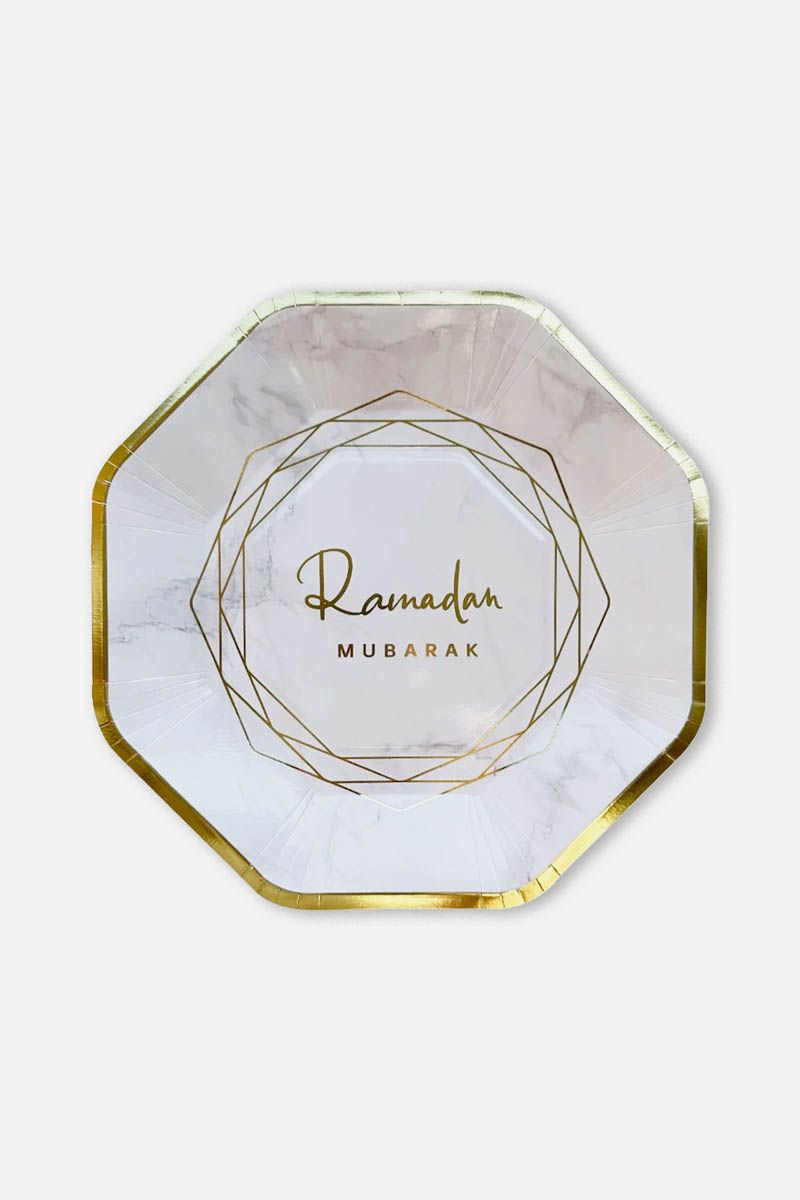 Ramadan Mubarak Paper Plates - White marble (10 Pack)
