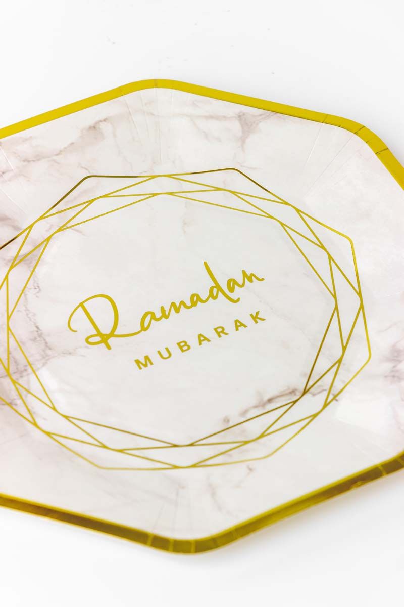 Ramadan Mubarak Paper Plates - White marble (10 Pack)